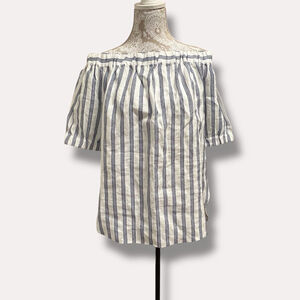 Michael Kors Off Shoulder Linen Top Womens Small Blue White Stripe